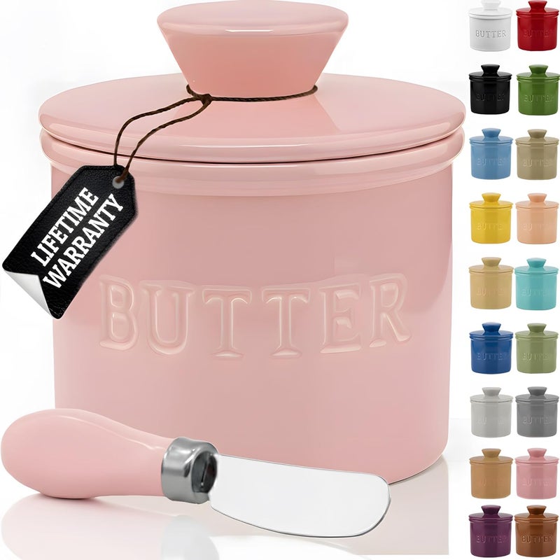 Priority Chef PriorityChef Butter Crock with Lid with Water Line, Ceramic French Butter Dish to Leave On Counter, Pink - Image 1