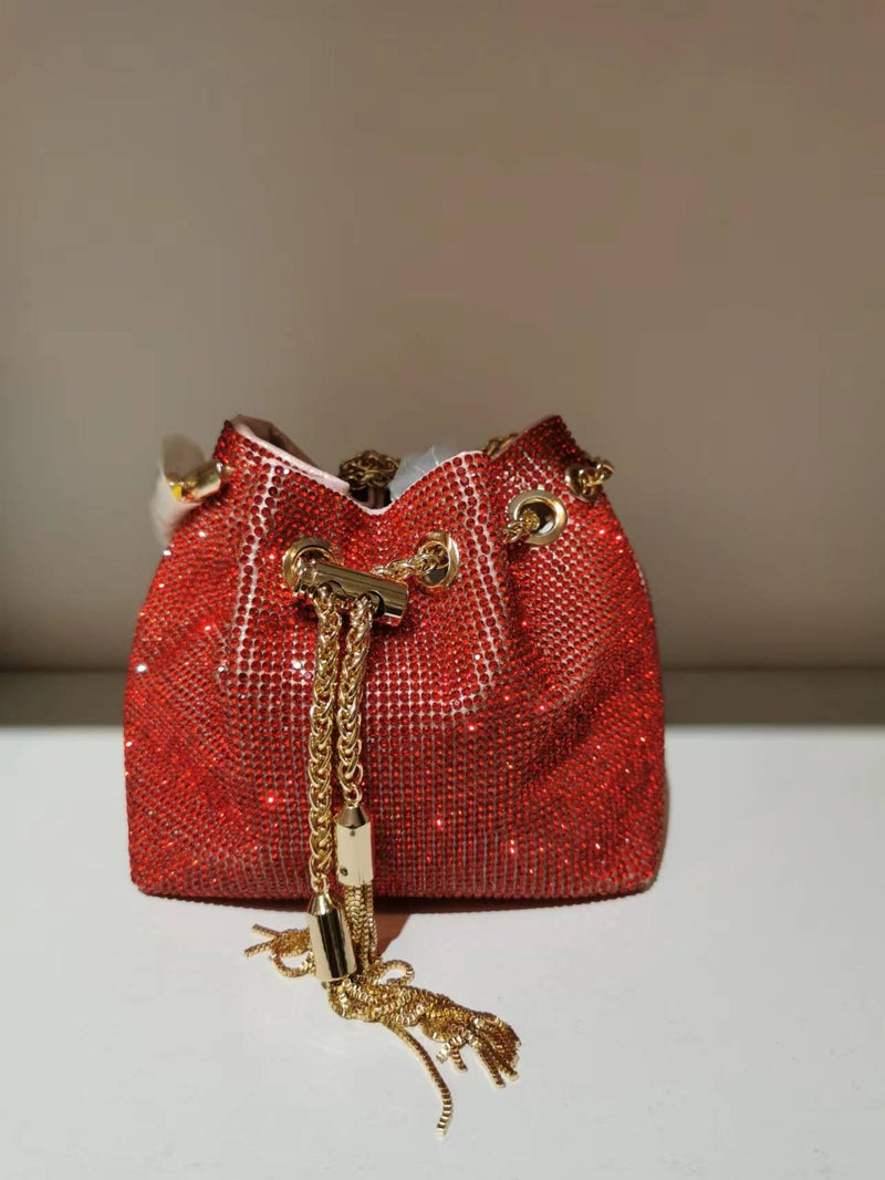 Women'S Crystal Material Ding-Made Wrist-Set Diamond Rhinestone Tassel Bucket Bag Full Diamond Bag Tas - Image 1