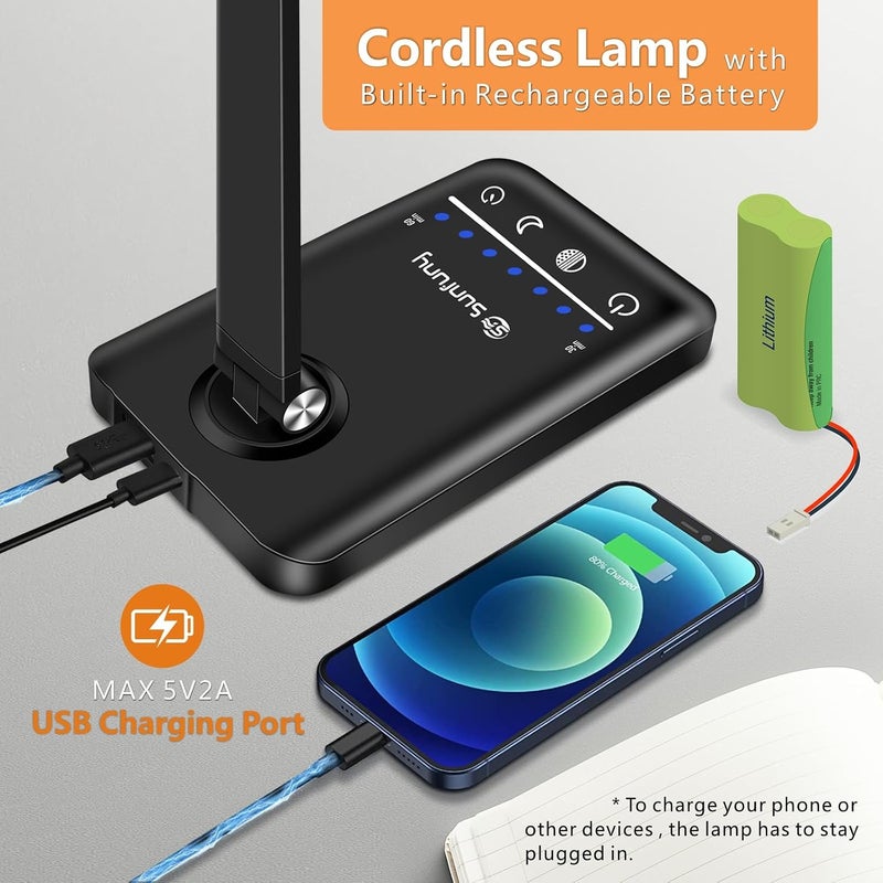 YIMI LED Desk Lamp, Cordless Reading Table Lamp with USB Charging Port, 5 Colour Modes & 7 Brightness Levels, Night Light, Timer, Battery Powered Wireless Desk Light for Home Office Bedroom Bedside (Black) - Image 2