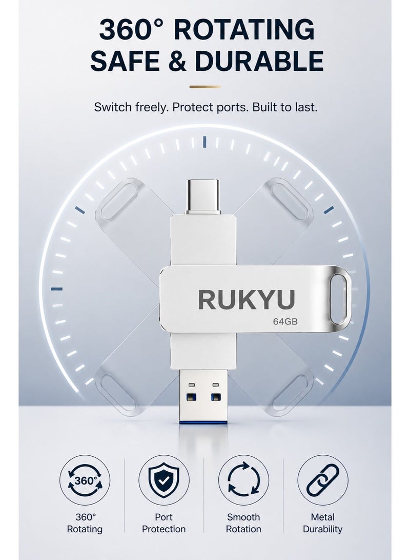 روكيو ذاكرة فلاش USB 3.0 سعة 64 جيجابايت بمنفذ مزدوج (USB وType-C/OTG)، تتميز بسرعة نقل بيانات عالية تصل إلى 30 ميجابايت/ثانية، وتصميم معدني محمول متوافق مع هواتف أندرويد والأجهزة اللوحية وأجهزة الكمبيوتر المحمولة والمكتبية. - Image 5