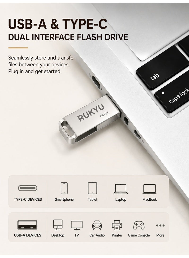 روكيو ذاكرة فلاش USB 3.0 سعة 64 جيجابايت بمنفذ مزدوج (USB وType-C/OTG)، تتميز بسرعة نقل بيانات عالية تصل إلى 30 ميجابايت/ثانية، وتصميم معدني محمول متوافق مع هواتف أندرويد والأجهزة اللوحية وأجهزة الكمبيوتر المحمولة والمكتبية. - Image 3