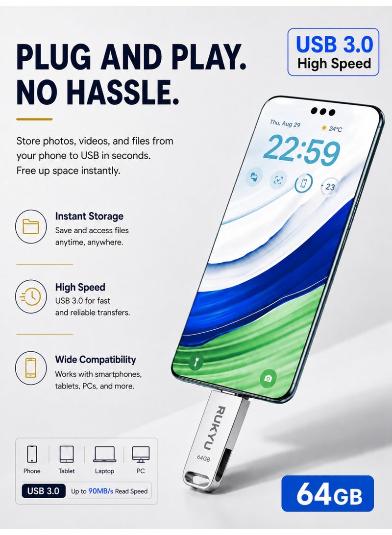 روكيو ذاكرة فلاش USB 3.0 سعة 64 جيجابايت بمنفذ مزدوج (USB وType-C/OTG)، تتميز بسرعة نقل بيانات عالية تصل إلى 30 ميجابايت/ثانية، وتصميم معدني محمول متوافق مع هواتف أندرويد والأجهزة اللوحية وأجهزة الكمبيوتر المحمولة والمكتبية. - Image 4