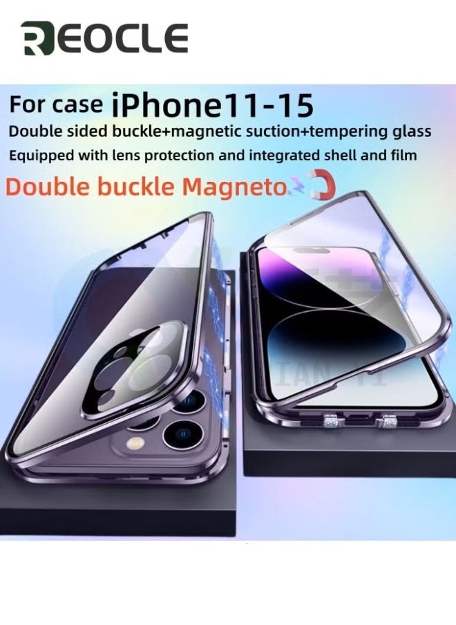 REOCLE Case for iPhone 14 Pro Double Side Buckle Glass Case with Camera Lens Protector Full Body Protective Metal Bumper Anti Peep Cover - Image 2