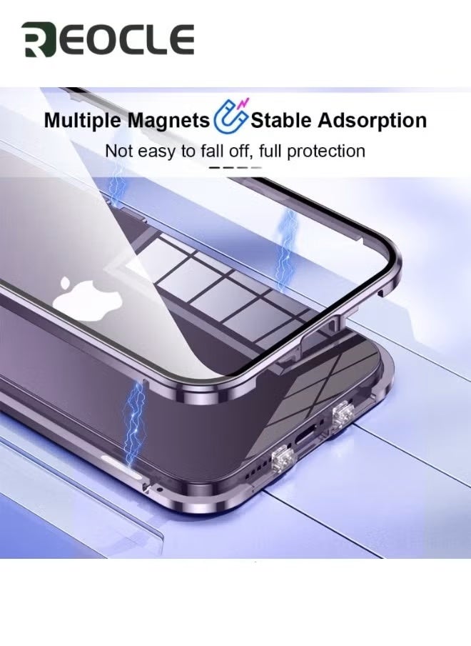 REOCLE Case for iPhone 14 Pro Double Side Buckle Glass Case with Camera Lens Protector Full Body Protective Metal Bumper Anti Peep Cover - Image 3