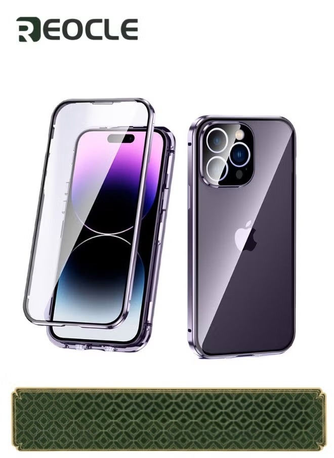 REOCLE Case for iPhone 14 Pro Double Side Buckle Glass Case with Camera Lens Protector Full Body Protective Metal Bumper Anti Peep Cover - Image 1
