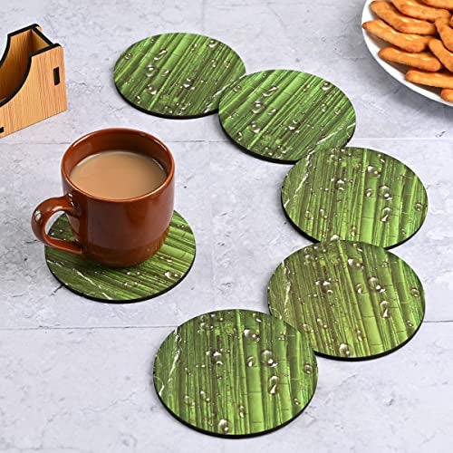 Gift Kya De GKD Coaster Set of 6 Natural Wooden Green Bamboo Style Coasters with Beautiful Water Droplets Design Coaster Stand Coaster Set Fit for All Cups Mugs Glasses (3.5 X 3.5 Inch) (Green Bamboo) - Image 1