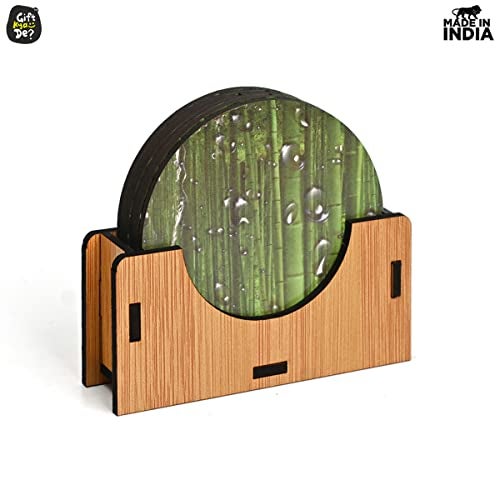 Gift Kya De GKD Coaster Set of 6 Natural Wooden Green Bamboo Style Coasters with Beautiful Water Droplets Design Coaster Stand Coaster Set Fit for All Cups Mugs Glasses (3.5 X 3.5 Inch) (Green Bamboo) - Image 5