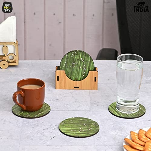 Gift Kya De GKD Coaster Set of 6 Natural Wooden Green Bamboo Style Coasters with Beautiful Water Droplets Design Coaster Stand Coaster Set Fit for All Cups Mugs Glasses (3.5 X 3.5 Inch) (Green Bamboo) - Image 4