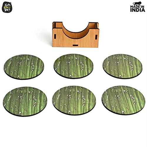 Gift Kya De GKD Coaster Set of 6 Natural Wooden Green Bamboo Style Coasters with Beautiful Water Droplets Design Coaster Stand Coaster Set Fit for All Cups Mugs Glasses (3.5 X 3.5 Inch) (Green Bamboo) - Image 2
