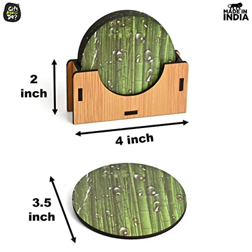 Gift Kya De GKD Coaster Set of 6 Natural Wooden Green Bamboo Style Coasters with Beautiful Water Droplets Design Coaster Stand Coaster Set Fit for All Cups Mugs Glasses (3.5 X 3.5 Inch) (Green Bamboo) - Image 3