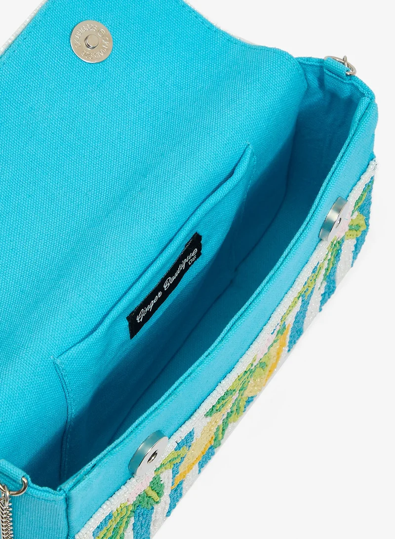 Ginger Boutique Blue Embroidered Beaded Lemon Print Crossbody for Women | Best Price UAE