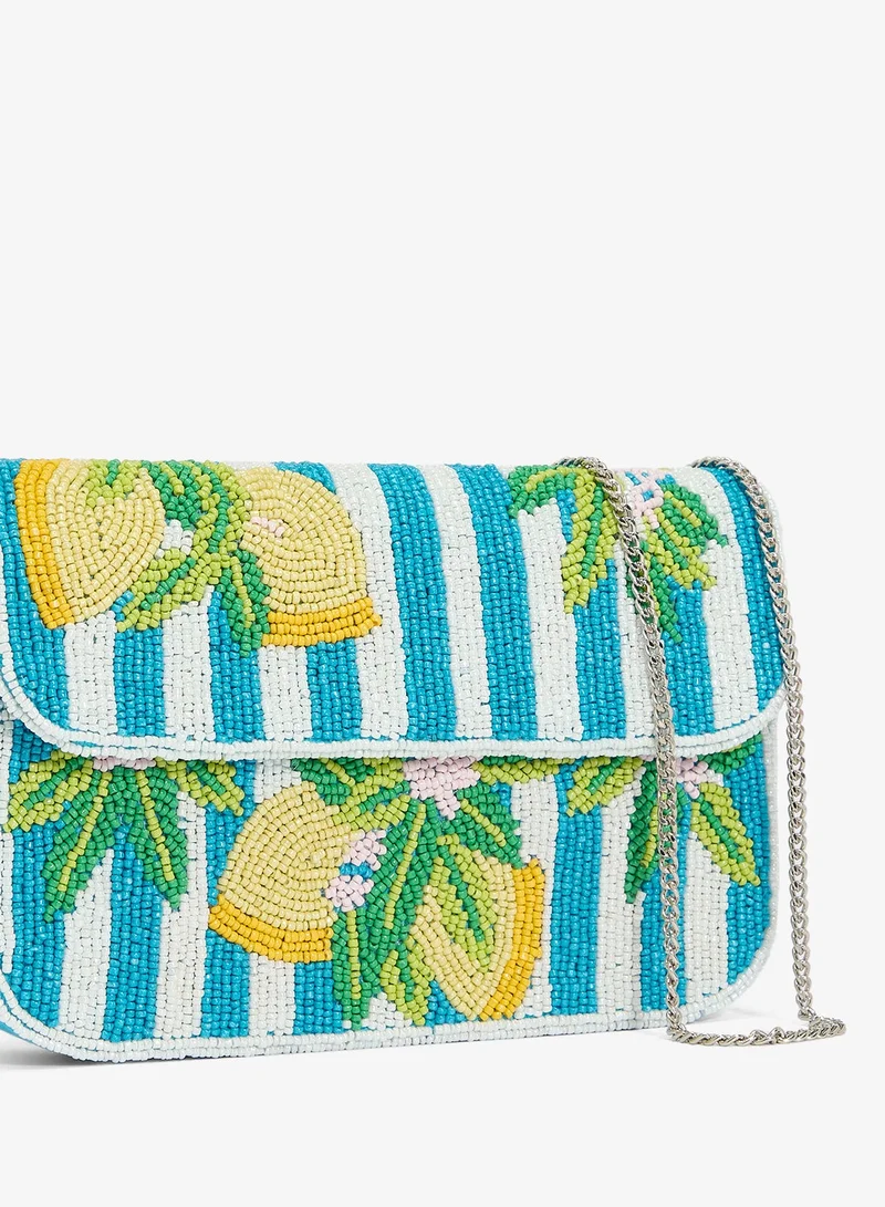 Ginger Boutique Blue Embroidered Beaded Lemon Print Crossbody for Women | Best Price UAE