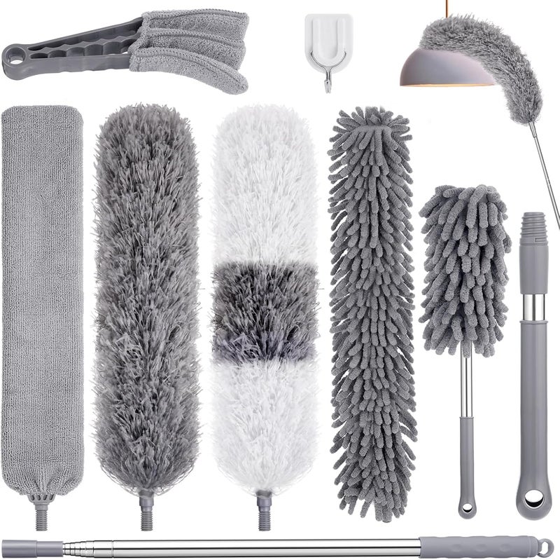 CENXI أدوات للتنظيف، مجموعة من 9 أكياس من القطن الدقيق القابلة للتمديد، مزودة بقضيب تمديد يصل طوله إلى 100 بوصة، قابلة للطي والغسيل وإعادة الاستخدام، لم��اوح السقف، الأسقف العالية، الستائر، الأثاث والسيارات. - Image 1