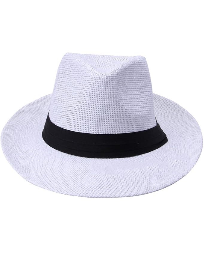 Unisex Fashion Solid Color British Sun Hat Wide Brim Straw Hat Adult Jazz Straw Hat Jazz Hat Men's and Women's Fashion Solid Colour British Sun Hat Straw Hat Jazz Hat Cowboy Hat Women White