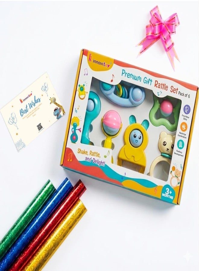 Innovitoy 6 Pcs Premium Baby Rattle & Teether Gift Set with Gift Packing Kit (Sticker Card + Ribbon + Gift Wrap Paper) | Safe, Non-Toxic Toys for Newborns 3+ Months | Colorful Soft Sound Rattles | Perfect Baby Gift Set - Image 1