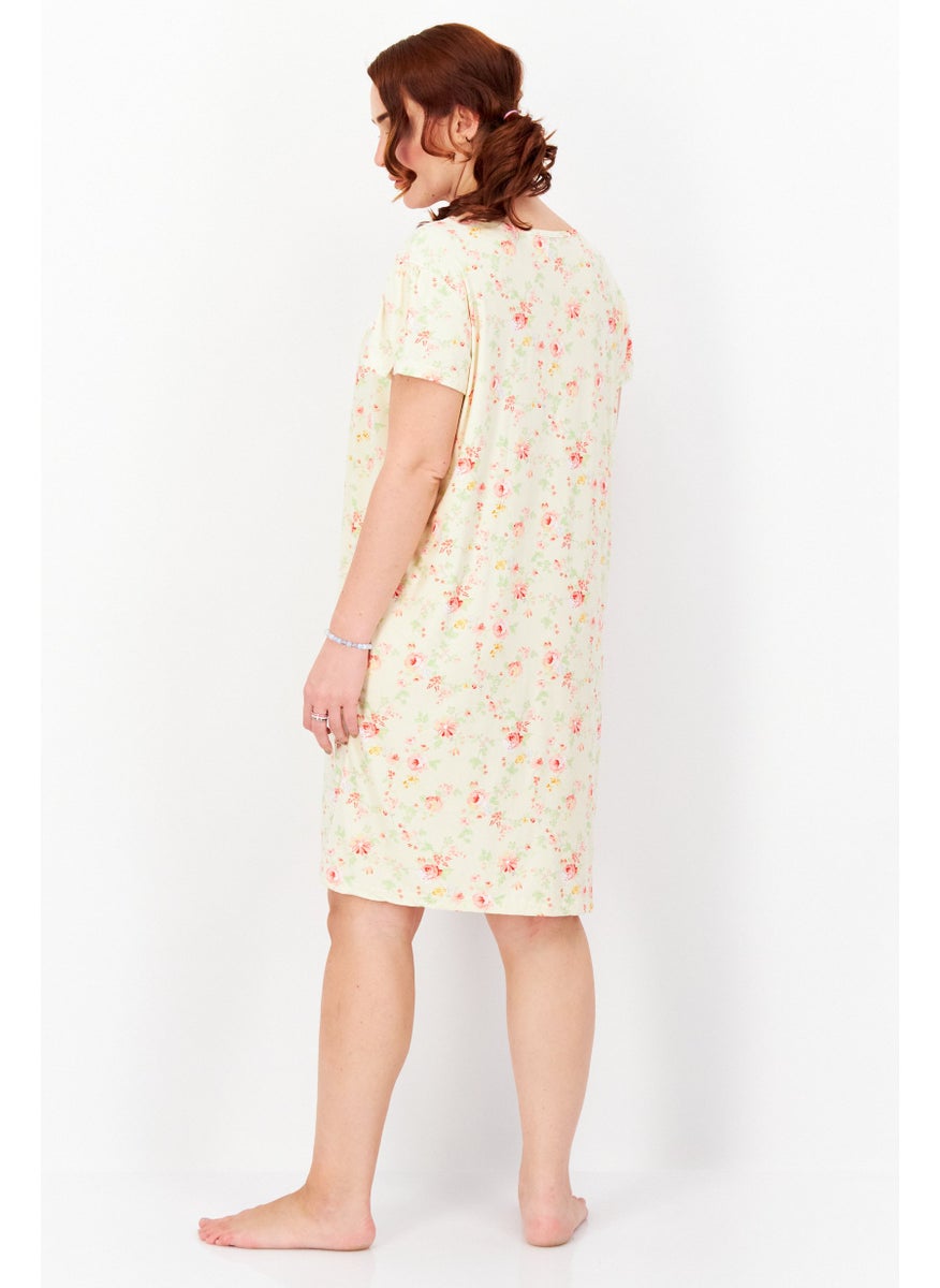 Not A Morning Person - Women Floral Print Night Gown Sleepwear, Cream Combo - Image 1