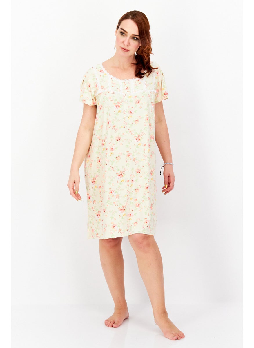 Not A Morning Person - Women Floral Print Night Gown Sleepwear, Cream Combo - Image 1