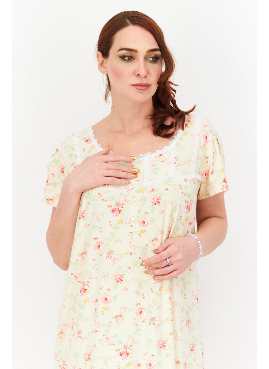 Not A Morning Person - Women Floral Print Night Gown Sleepwear, Cream Combo - Image 1