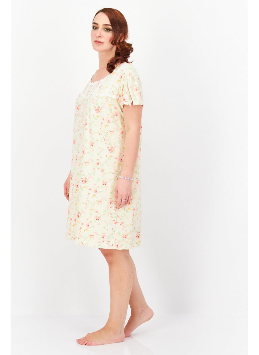 Not A Morning Person - Women Floral Print Night Gown Sleepwear, Cream Combo - Image 1