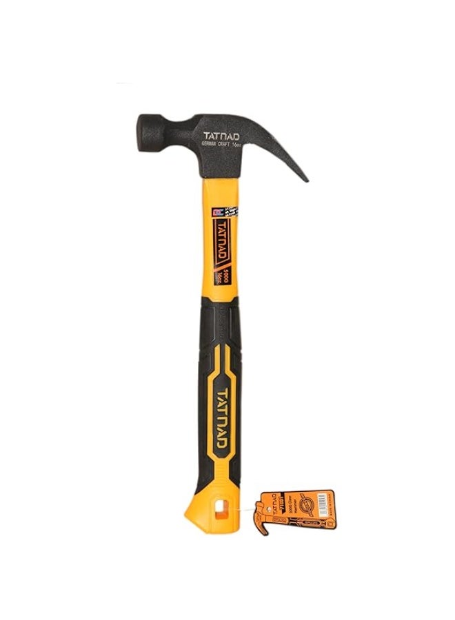 Professional Claw Hammer 500g (16oz) - High Carbon Steel Head with Shock-Absorbing Ergonomic Fiberglass Handle - Ideal for DIY, Carpentry, and Industrial Use