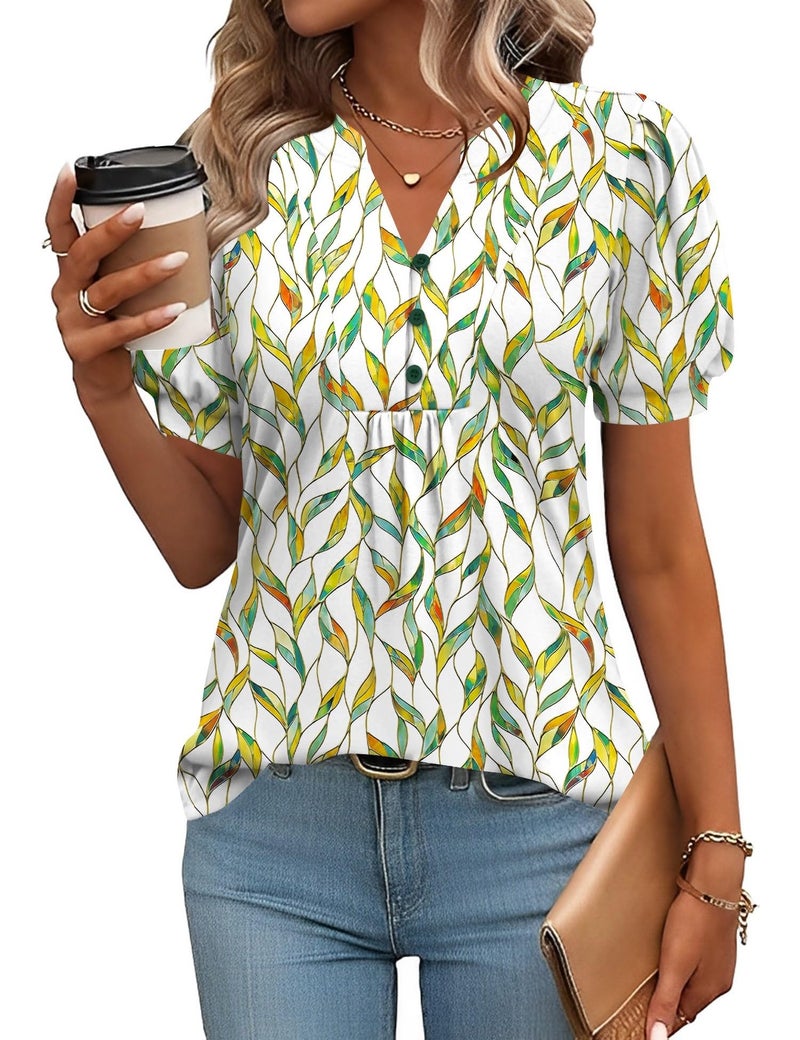 IECCP Casual Tops for Women Spring Puff Short Sleeve Blouses 2025 Spring Fashion Trendy Cute Shirts Business Work Basic Tees (Leaves,M) - Image 1
