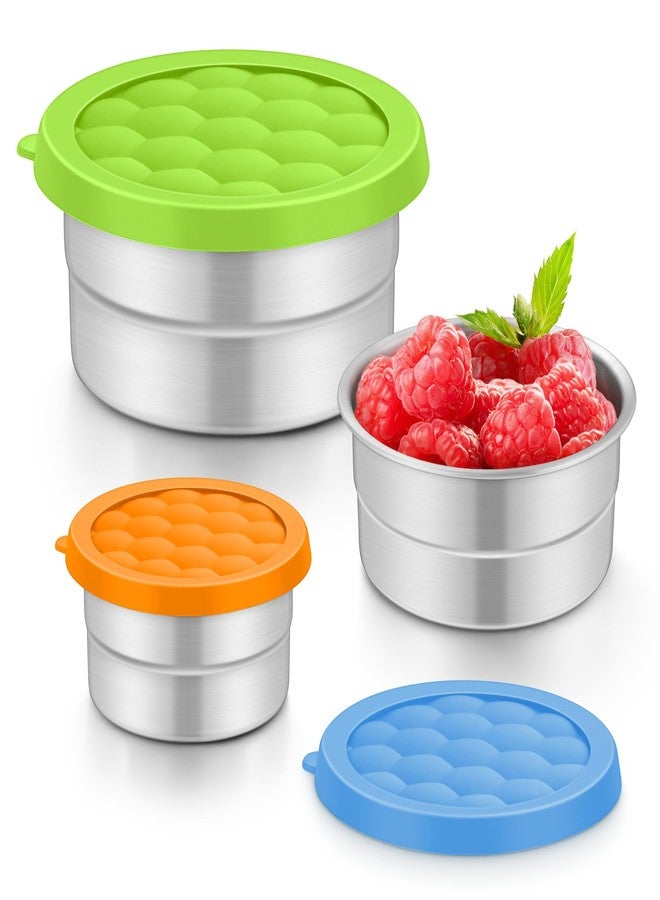 تيم فار علب وجبات خفيفة من الفولاذ المقاوم للصدأ من تيم فار للأطفال، (3 أونصة، 6 أونصة، 12.85 أونصة) علبة طعام دائرية مانعة للتسرب مع غطاء سيليكون، صندوق غداء معدني للأطفال الصغار والكبار ورياض الأطفال والمدارس، مجموعة من 3 قطع (متعددة الألوان) - Image 1