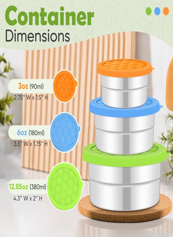 تيم فار علب وجبات خفيفة من الفولاذ المقاوم للصدأ من تيم فار للأطفال، (3 أونصة، 6 أونصة، 12.85 أونصة) علبة طعام دائرية مانعة للتسرب مع غطاء سيليكون، صندوق غداء معدني للأطفال الصغار والكبار ورياض الأطفال والمدارس، مجموعة من 3 قطع (متعددة الألوان) - Image 2