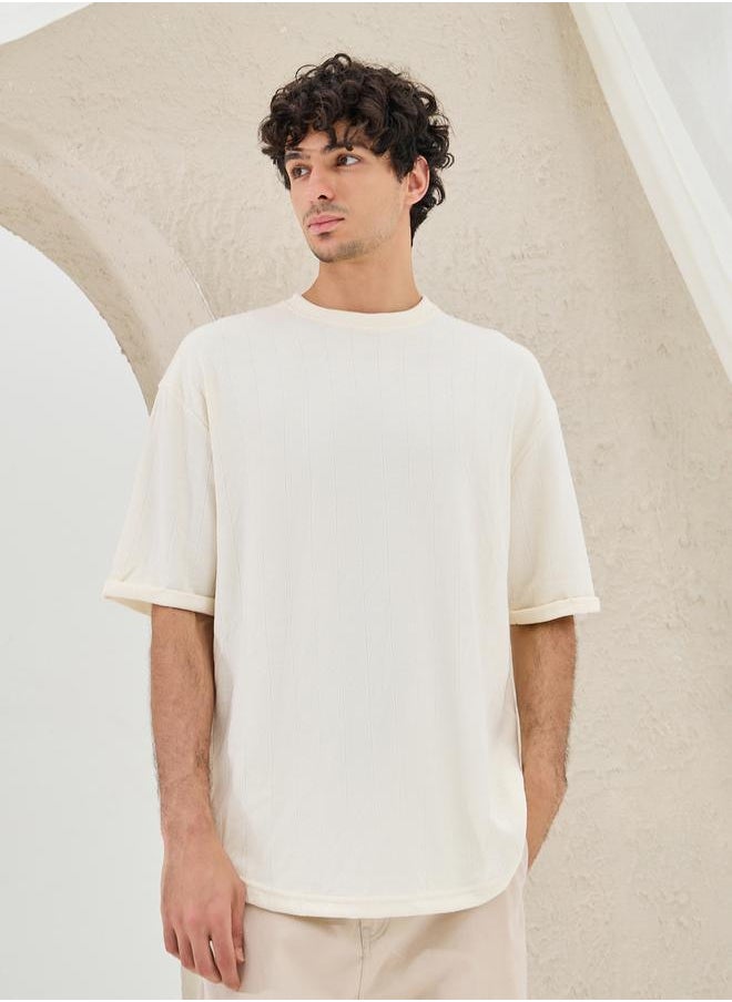 Styli Ribbed Crew Neck Oversized T-Shirt with U Hem  - Image 3