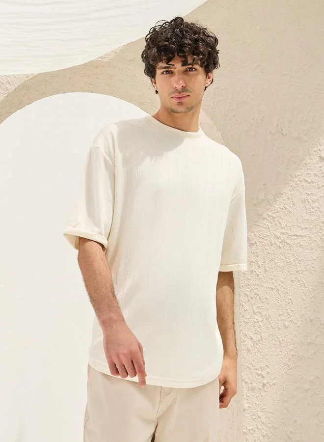 Styli Styli Ribbed Crew Neck Oversized T-Shirt with U Hem