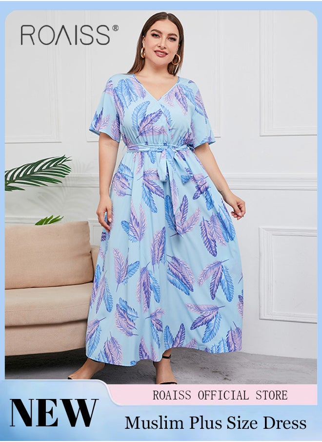 roaiss Abaya Style Robe with Floral Pattern Belt Waist Design Versatile Short Sleeve High-Rise Commuter Long Skirt  for Ladies Elegant Temperament Casual Outfit  - Image 1