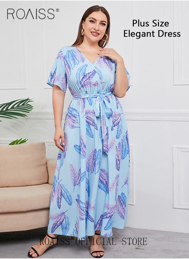 roaiss Abaya Style Robe with Floral Pattern Belt Waist Design Versatile Short Sleeve High-Rise Commuter Long Skirt  for Ladies Elegant Temperament Casual Outfit  - Image 2