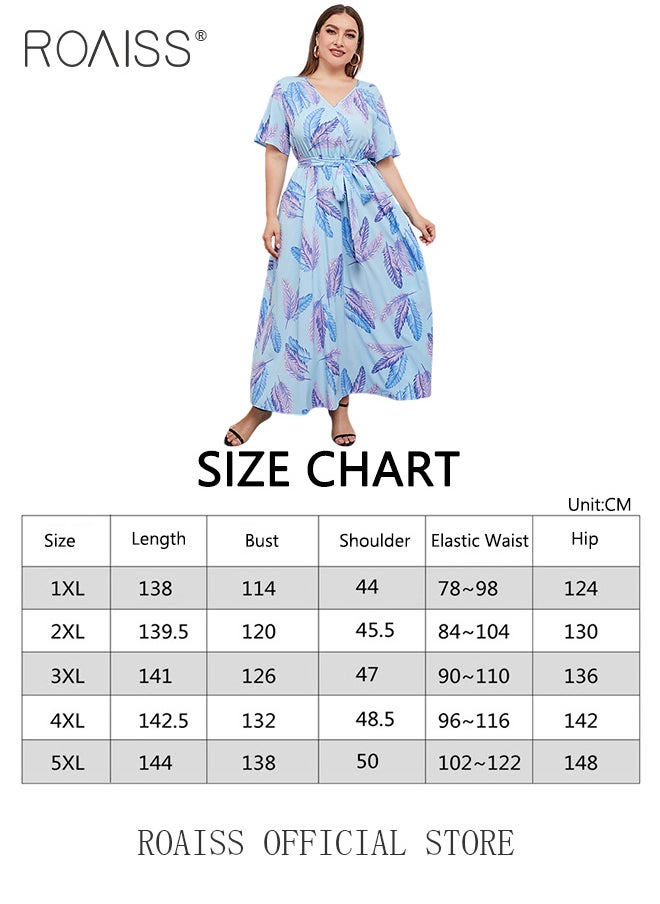 roaiss Abaya Style Robe with Floral Pattern Belt Waist Design Versatile Short Sleeve High-Rise Commuter Long Skirt  for Ladies Elegant Temperament Casual Outfit  - Image 3