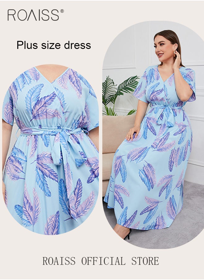 roaiss Abaya Style Robe with Floral Pattern Belt Waist Design Versatile Short Sleeve High-Rise Commuter Long Skirt  for Ladies Elegant Temperament Casual Outfit  - Image 4