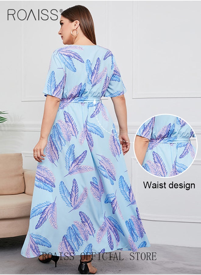 roaiss Abaya Style Robe with Floral Pattern Belt Waist Design Versatile Short Sleeve High-Rise Commuter Long Skirt  for Ladies Elegant Temperament Casual Outfit  - Image 5
