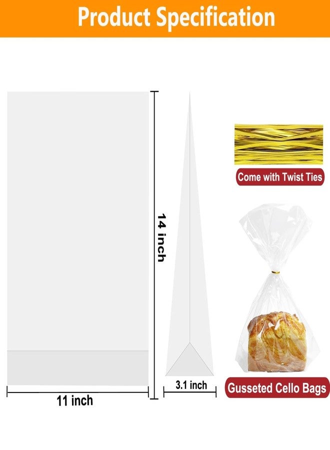 Cupplation Clear Flat Bottom Gusset Bread Bags with Twist Ties, 11x14x3.1 Inches, 50 Pack, Gift Bags for Popcorn, Cookie, Party Favors - Image 2