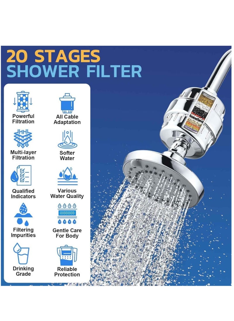 20 Stages Shower Filter for Hard Waterr (2 Cartridges Included) High Output Shower Water Filter for Chlorine and Fluoride Removal, Polished Chrome, Ion Water Softener Cartridge Shower Head System for Bathing to Prevent Dry Skin and Dry Hair