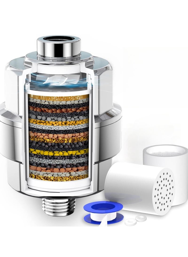 20 Stages Shower Filter for Hard Waterr (2 Cartridges Included) High Output Shower Water Filter for Chlorine and Fluoride Removal, Polished Chrome, Ion Water Softener Cartridge Shower Head System for Bathing to Prevent Dry Skin and Dry Hair