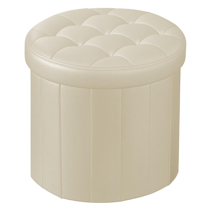 Bsketa Folding Storage Ottoman Round 14 x 14 x 13Inch Foot Stool with Thicker Foam Padded Seat Small Leather Storage Ottoman Bench Foot Rest for Living Room Foldable Coffee Table Beige