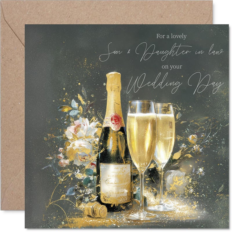 Stuff4 Gold Son & Daughter in Law Wedding Card - Gold Champagne - Happy Wedding Card from Dad Mum  5.7 Inch Golden Marriage Congrats Well Done Greeting Cards - Image 1