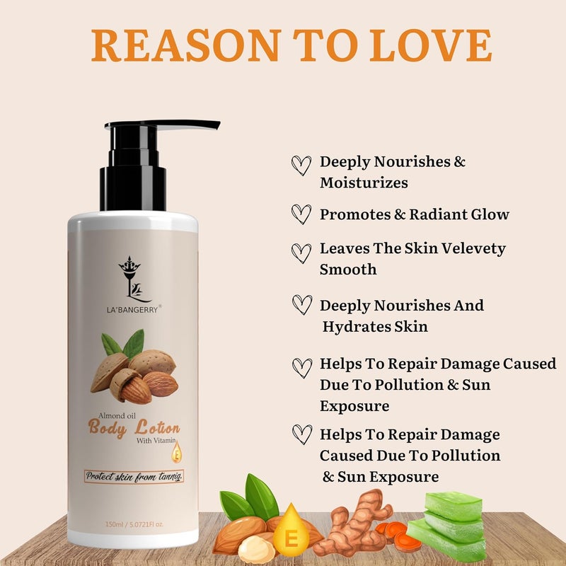 LA'BANGERRY LABANGERRY Almond  Vitamin E Body Lotion  For Dry  Dull Skin  With Deep Moisture Lotion  Hydrates  Moisturizes Skin  For Women  Men  150 ml - Image 3