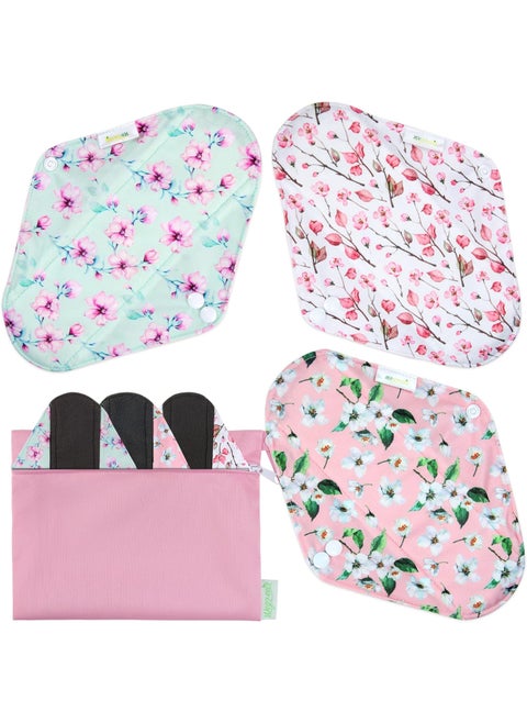 wegreeco Charcoal Reusable Menstrual Pads - Reusable Sanitary Pads | Reusable Panty Liners | Soft Cloth Menstrual Pads - 6 Pack with 1 Cloth Mini Wet Bag (M, Cherry Blossoms)