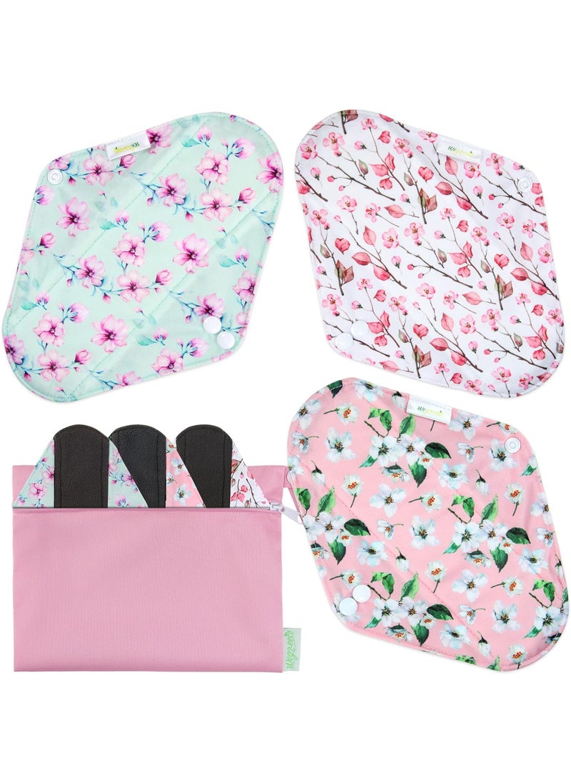 wegreeco Charcoal Reusable Menstrual Pads - Reusable Sanitary Pads | Reusable Panty Liners | Soft Cloth Menstrual Pads - 6 Pack with 1 Cloth Mini Wet Bag (M, Cherry Blossoms)