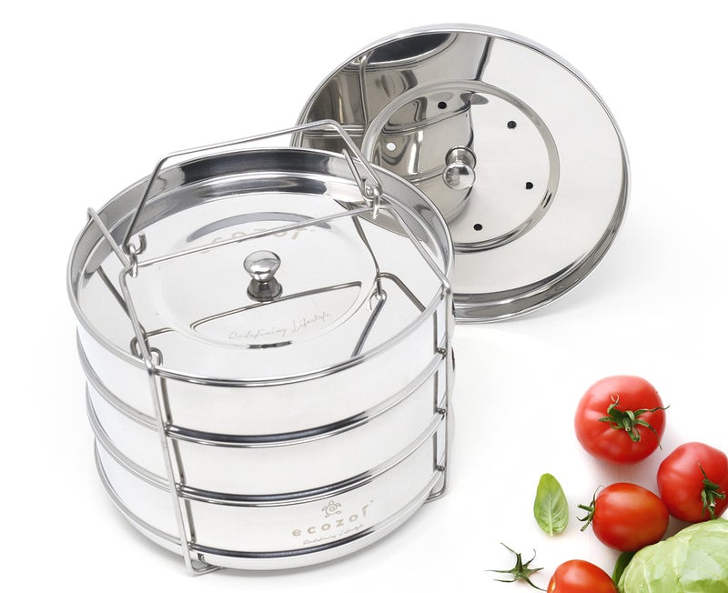 ecozoi Premium Extra Deep Stackable Steamer Insert Pans Pot in Pot for Instant Pot 6 8 Quart Instant Pot Accessories  2 Tier  Interchangeable Lids  Comes with 5 Additional Mini Cups for Baking