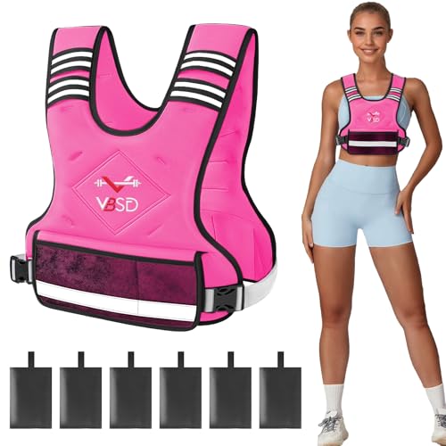 VBSD Adjustable Weighted Vest for Women Men 11-20LB Vest with 6 Ironsand Weights Body Weight Vest with Reflective Strip for Running Walking Strength Training Workouts Pink - Image 1