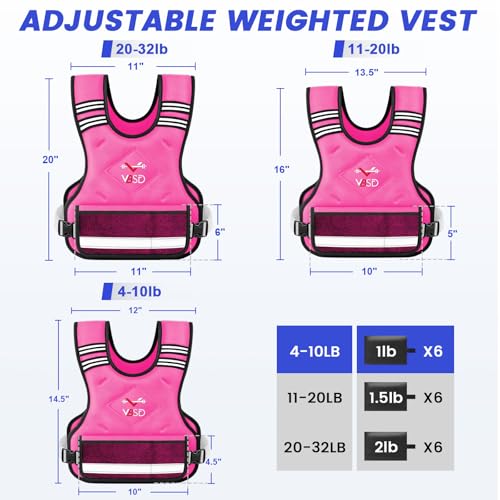 VBSD Adjustable Weighted Vest for Women Men 11-20LB Vest with 6 Ironsand Weights Body Weight Vest with Reflective Strip for Running Walking Strength Training Workouts Pink - Image 4