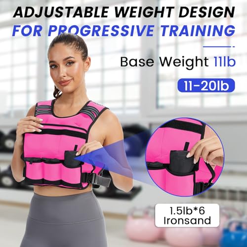 VBSD Adjustable Weighted Vest for Women Men 11-20LB Vest with 6 Ironsand Weights Body Weight Vest with Reflective Strip for Running Walking Strength Training Workouts Pink - Image 5