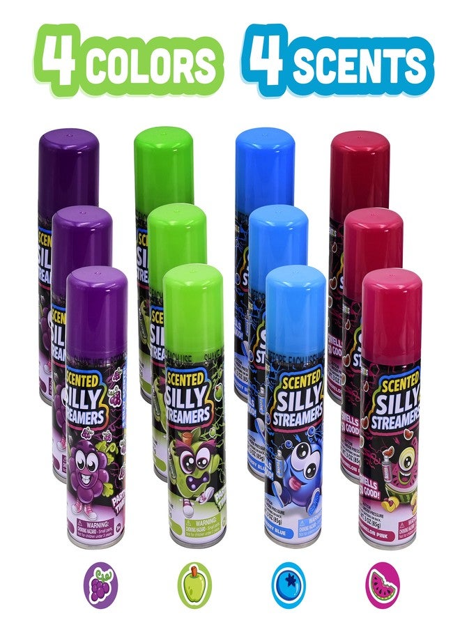 Scentos® Scented Silly Streamers 12-Pack 3-Ounce Cans Party String, Assorted Colors. Party Streamers. Each of the 4 colors (red, purple, blue, and green). - Image 3