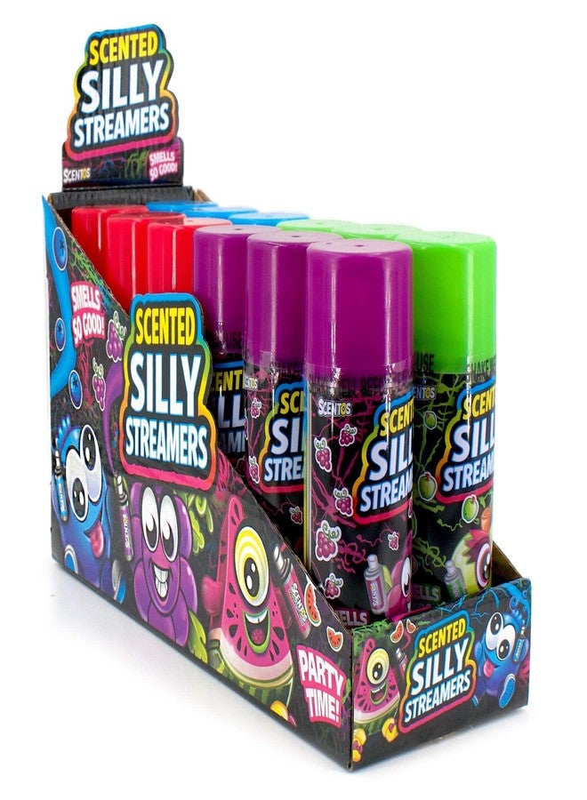 Scentos® Scented Silly Streamers 12-Pack 3-Ounce Cans Party String, Assorted Colors. Party Streamers. Each of the 4 colors (red, purple, blue, and green). - Image 1