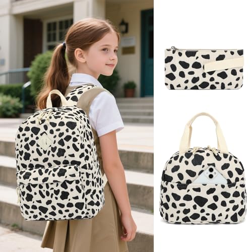Yusudan Corduroy Girls Backpack Set 3PCS School Backpacks for Kids Elementary Middle School Bags with Lunch Box Pencil Case Beige Corduroy Cow Print - Image 3