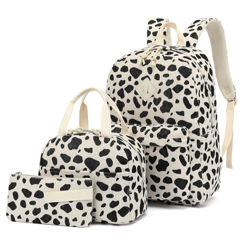 Yusudan Corduroy Girls Backpack Set 3PCS School Backpacks for Kids Elementary Middle School Bags with Lunch Box Pencil Case Beige Corduroy Cow Print - Image 1